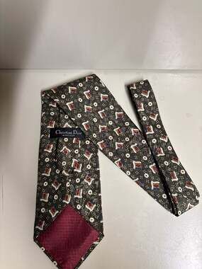 Vintage Christian Dior Monsieur Polyester Tie Olive Green Geometric Pattern